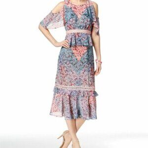 JAX Black Label Women's Blue Pink Floral Printed Cold Shoulder Dress 6